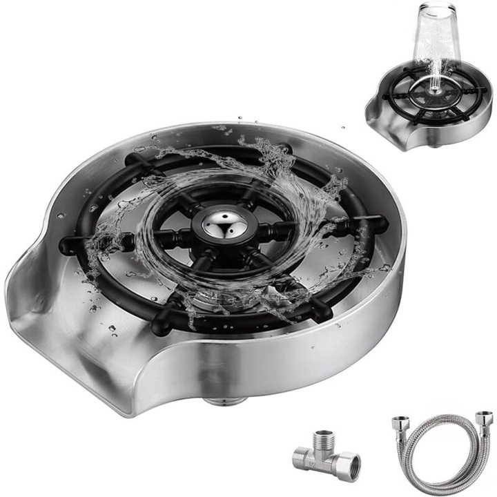 Aparat de clatit pahare, pentru chiuveta, inox 304, set cu supapa 3 cai si furtun, diametru deschidere 2.2 cm, culoare argintie