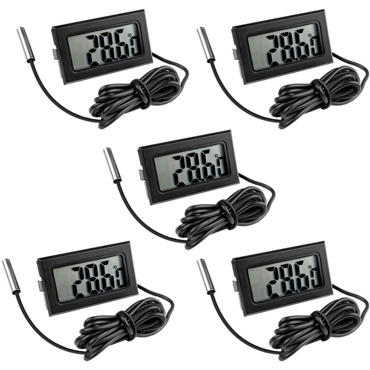 Set 5 Termometre Digitale pentru Frigider, Proba de Temperatura cu Ecran LCD, pentru Frigider, Congelator si Acvariu, -50~+110°C