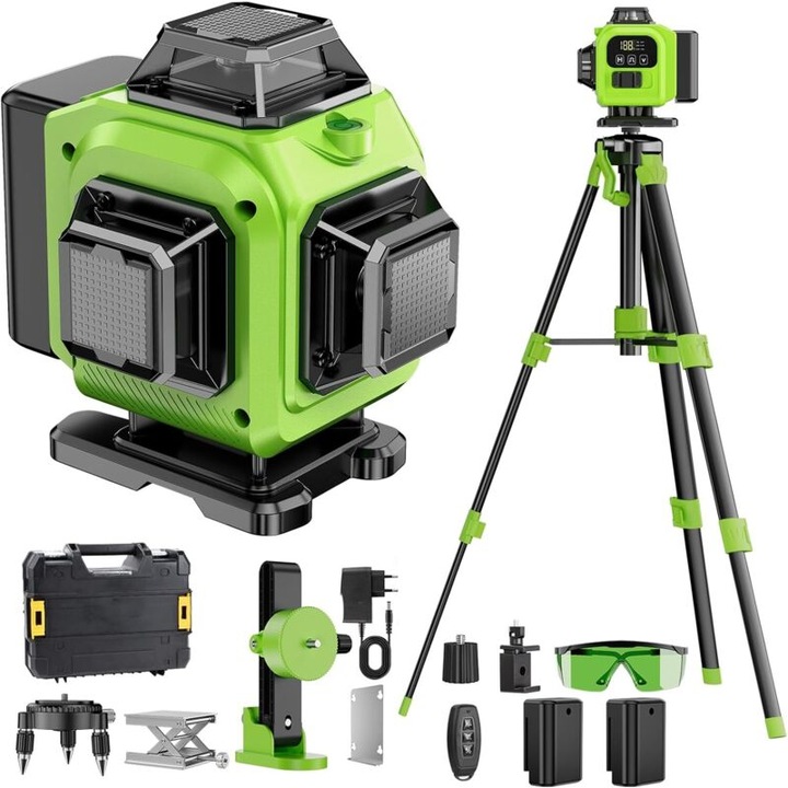 Nivel laser auto-nivelant 4D, 16 linii laser, mod manual si auto-nivelare, 2 baterii, montare rotativa, control de la distanta, trepied, set complet