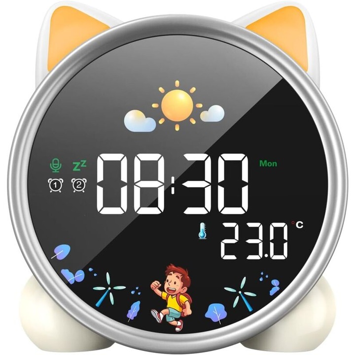 Oktató ébresztőóra gyerekeknek, 5 szín, éjszakai lámpa zenével, dupla ébresztő funkció, hőmérséklet-ellenőrzés