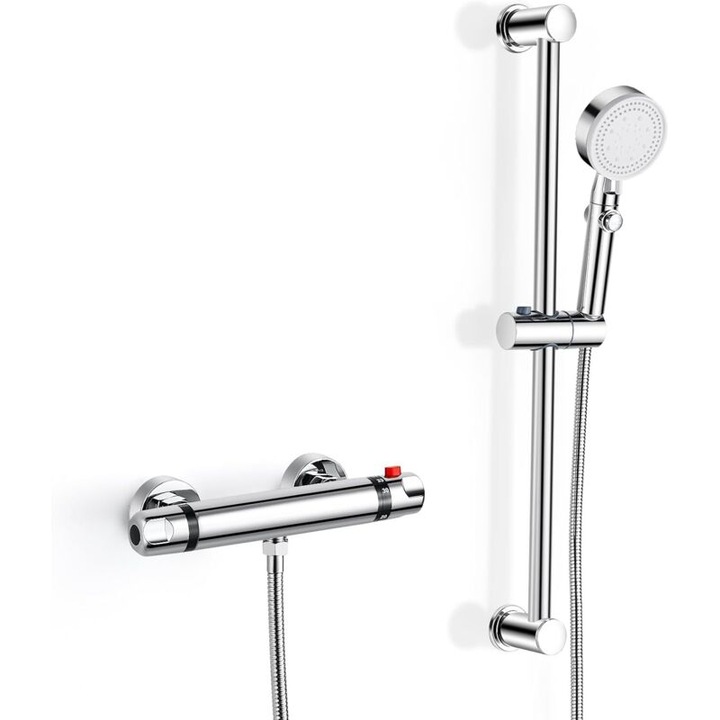 Baterie sanitara termostatica, set cu dus de mana, bara de dus ajustabila 63,5cm, 5 moduri de pulverizare, crom