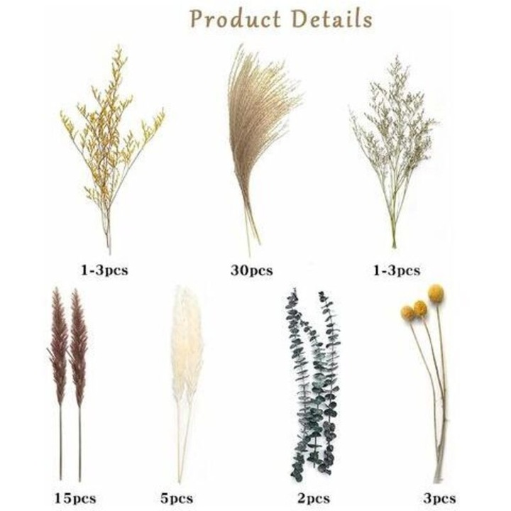 Decoratiune pampas din iarba uscata, 7 tipuri de eucalipt, 60 bucati, inaltime 46 cm, plante artificiale