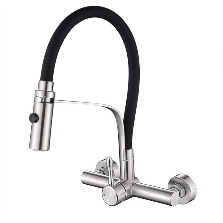Baterie sanitara de perete pentru bucatarie cu dus, inox, negru cu baza argintie, 25.4x25.4x35.05cm