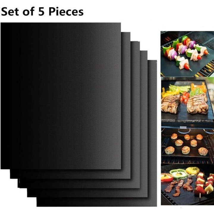 Set de 5 covorase pentru gratar 40x33cm, material PFOA-free, rezistent la temperaturi de pana la 260C
