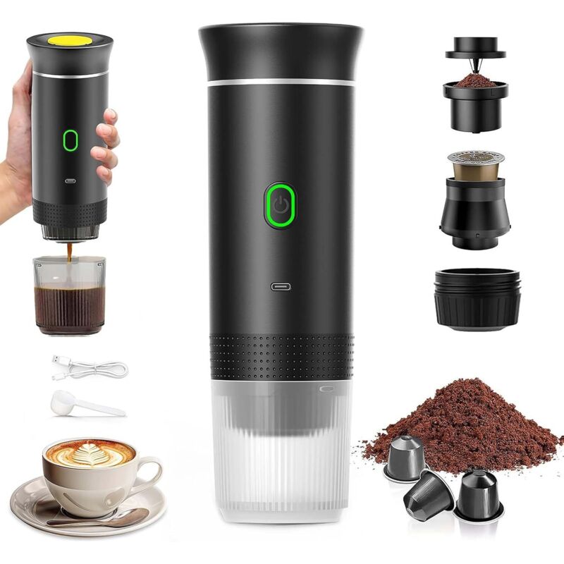 Espressor portabil 3-in-1 92SZOO-K02212603231366, compatibil capsule mici/mari si cafea macinata, incarcare USB-C, 12V, incalzire rapida 4–6 min, negru
