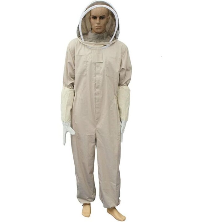 Costum apicol unisex, bumbac natural, culoarea mierii, cu esarfa si curea detasabile, rezistent la muscaturi, XL