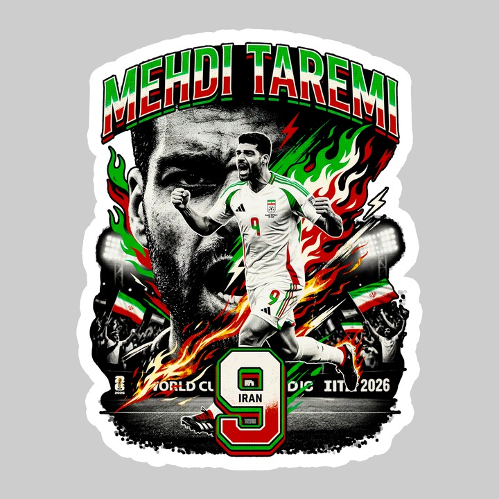 Sticker Mehdi Taremi Iran World Cup Fifa 2026, Autoadeziv, Footbal, Cri-Flo, dimensiune 10 cm