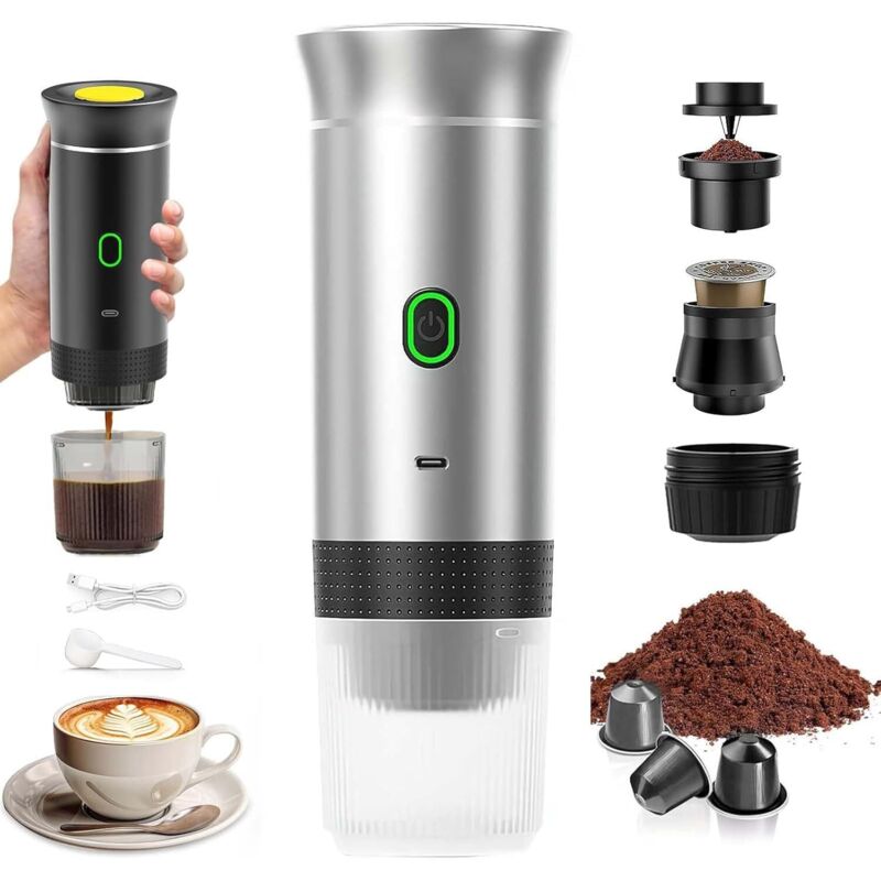 Espressor portabil 3-in-1 92SZOO-K02212603231381, compatibil capsule mici/mari si cafea macinata, USB-C, 12V, incalzire rapida 4–6 min, argintiu/negru