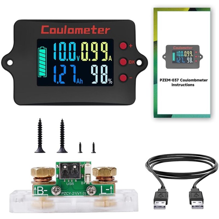 Monitor de baterie 8-120V, 100A, ecran colorat, cablu USB de 2m, din cupru pur, pentru masurarea tensiunii si curentului
