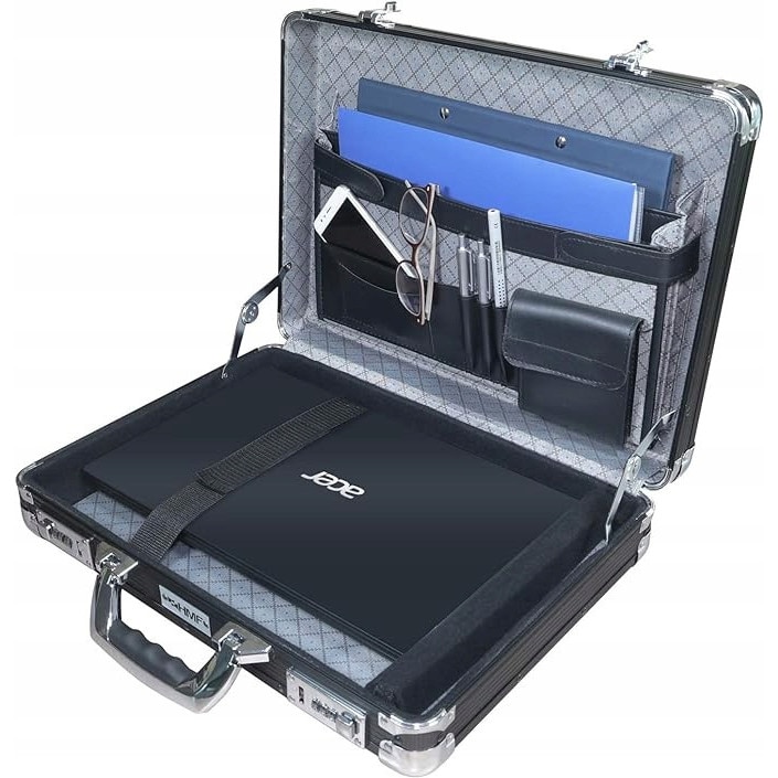 Geanta laptop HMF, neagra, 45x33x11cm, cu incuietoare cu cifru, structura din aluminiu