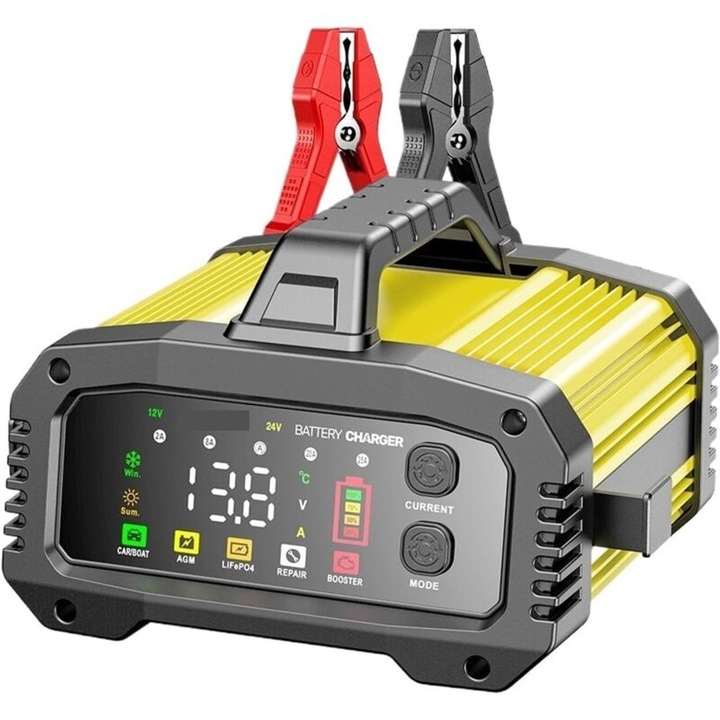 Redresor auto 12V/24V, 25A, cu mod de reparare automata, ecran LCD, pentru motociclete, masini, camioane, 22x19x12cm