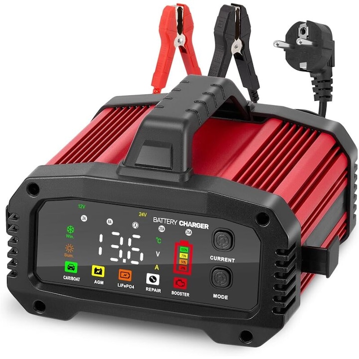 Incarcator auto 12V/24V, 25A, cu mod de reparare automata, ecran LCD, pentru motociclete, masini, camioane, LiFePO4, AGM, 22x19x12cm