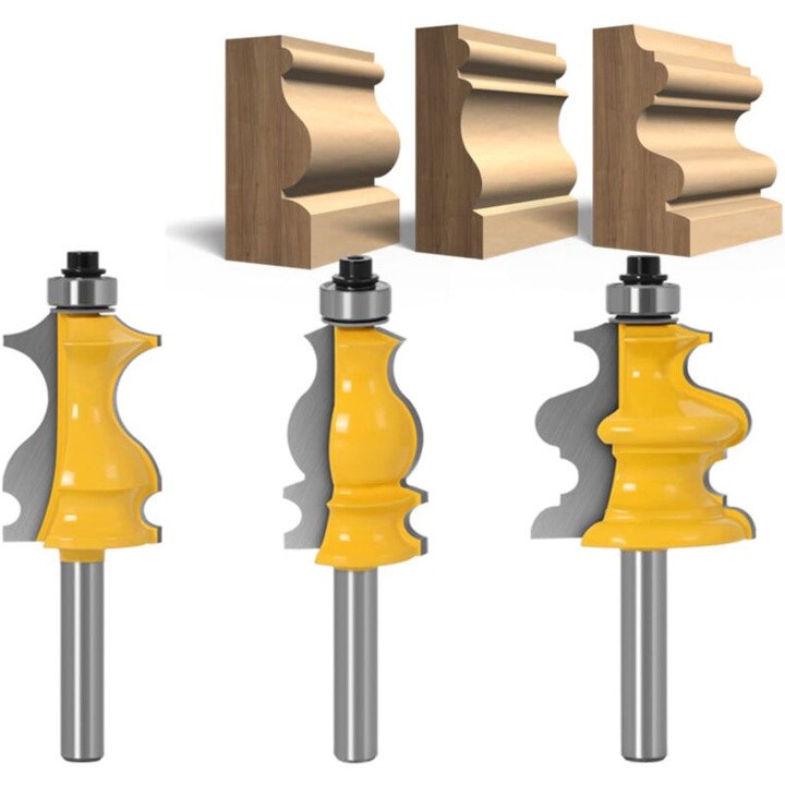 Set de 3 freze de 8mm pentru frezare arhitecturala, taiere curata pentru lemn tare si moale, otel carbon