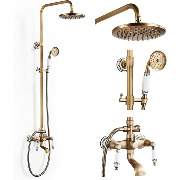 Coloana de dus retro din alama, set de dus, sistem de dus complet, cap de dus de 20cm, inaltime ajustabila 70-120cm