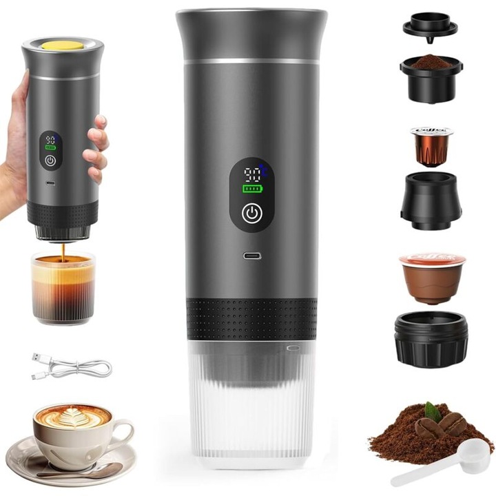 Espressor portabil 3 in 1, incarcabil, pentru capsule si cafea macinata, gri, 800g