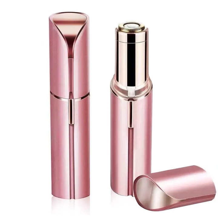 Epilator facial pentru femei, portabil, sistem cu doua lame, incarcare USB tip C, roz auriu