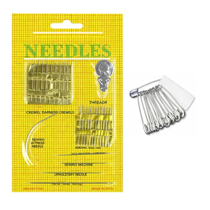 Set ace cusut 25 buc dimensiuni diferite si 10 ace de siguranta, kit croitorie pentru reparatii textile si fixare rapida