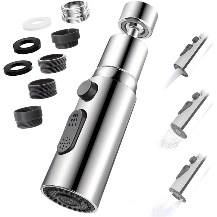 Aerator de robinet, 360° rotativ, 3 moduri de pulverizare, economisire apa, adaptor pentru chiuveta, negru