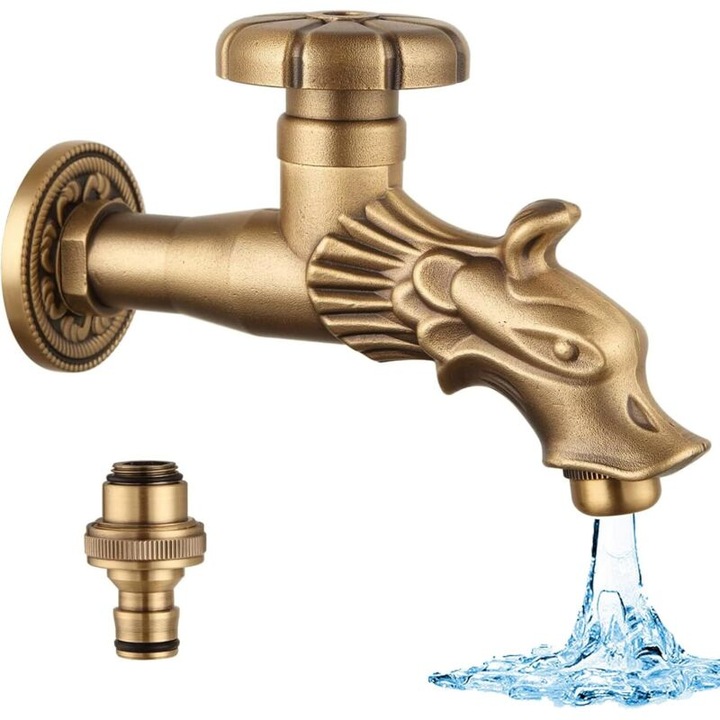 Robinet de gradina din alama, design dragon, finisaj antic, montare pe perete, 1/2", 128mm