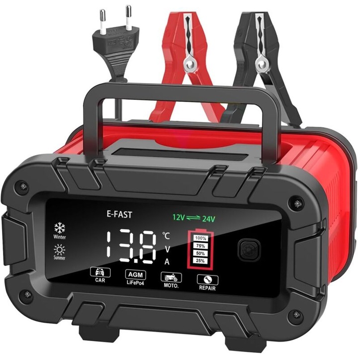 Incarcator auto 20A 12V/24V cu ecran LCD, pentru motocicleta, camion, LiFePO4, AGM, Gel, set de intretinere baterii