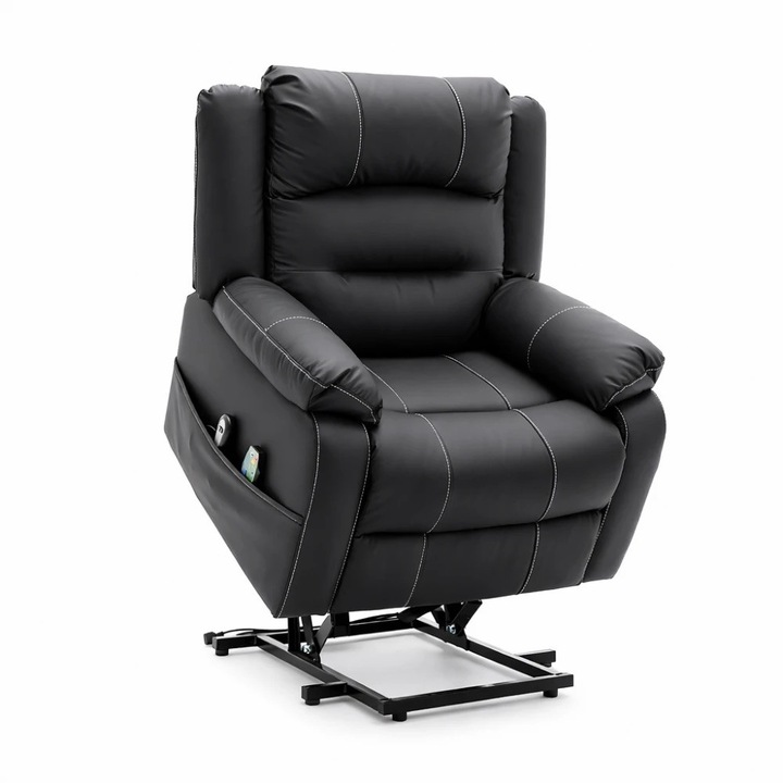 Fotoliu Masaj, TOPSCAUNE®, Fotoliu Electric Cu Ridicare Si Rabatare Automata, Masaj 8 Puncte, Incalzire Lombara, Spatar Rabatabil Si Suport Picioare Extensibil, 2 Telecomenzi, Buzunar Lateral, Tapiterie Piele PU Premium, Design Ergonomic, Negru