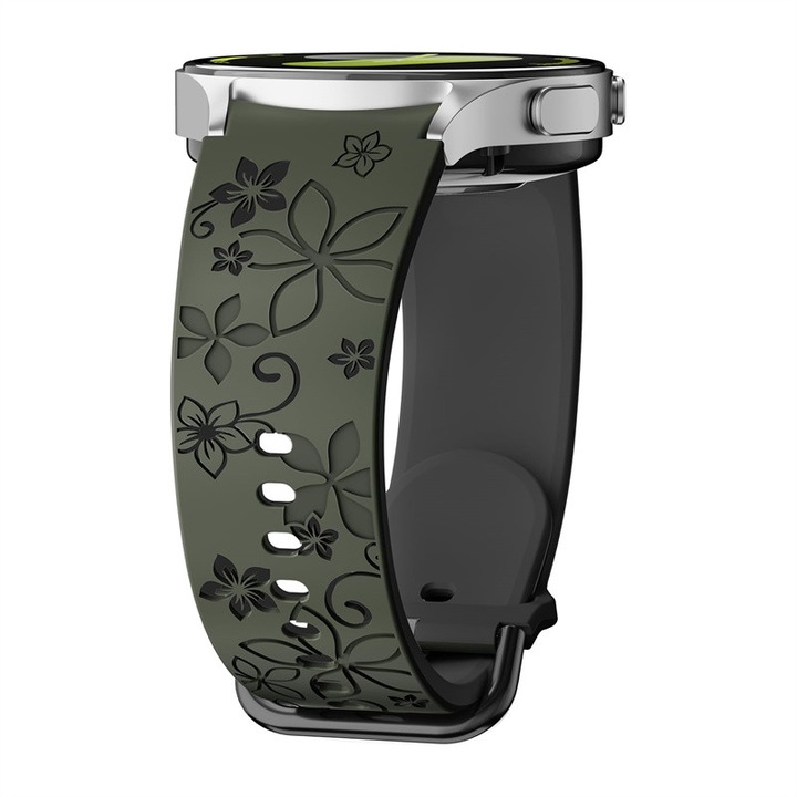 Samsung óraszíj nőknek, virágmintás kivágással, 20 mm, kompatibilis a Galaxy Watch 4/5/6/7/FE modellekkel, 40/42/43/44/45/46/47 mm-es képernyőmérethez, zöld