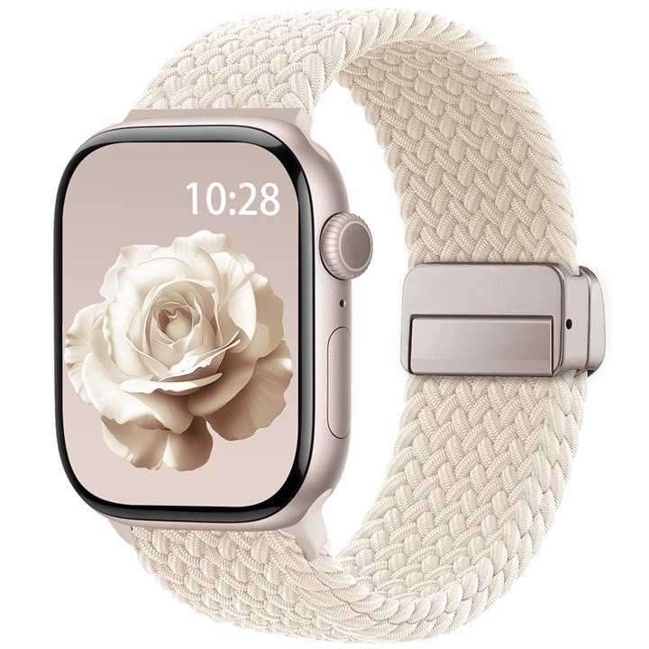 Curea elastica impletita compatibila cu curelele Apple Watch 38mm 40mm 41mm 42mm 44mm 45mm 46mm 49mm pentru femei si barbati, curea sport magnetica Solo Loop din nailon moale pentru iWatch Series 11 10 9 8 7 6 5 4 3 2 1 SE Ultra, bej
