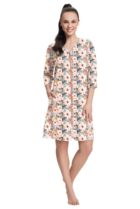 Női otthoni köntös, Luna, pamutkötött, virágmintás, rózsaszín, menta, 3XL INTL