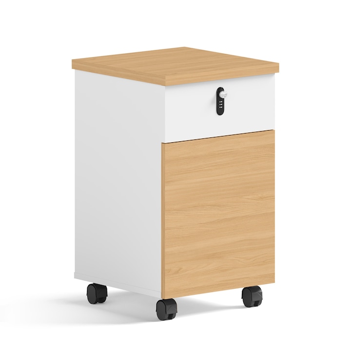 Contenier birou mobil ANGEL Loft Work Light, 1 suflada + 1 safca, alb cu decor lemn, 39x50x63cm