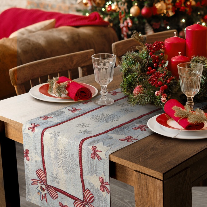 Bieznik masa festiv gobelin 45x140 Eurofirany, popielat, rosu, argintiu, model cu kokardy si zapada