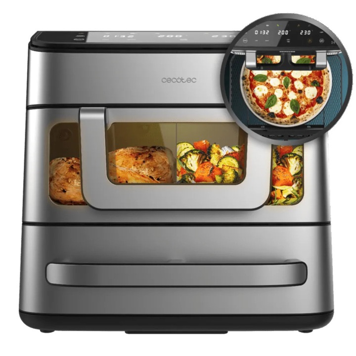 Friteuza cu aer cald 2in1 si cuptor integrat Cecotec, Cecofry FoodCourt, ideal pentru prajit/gatit/coacere, capacitate totala 18 litri, capacitate air fryer 9 litri, display LED, panou de control tactil, piatra pizza/perete despartitor incluse, gri