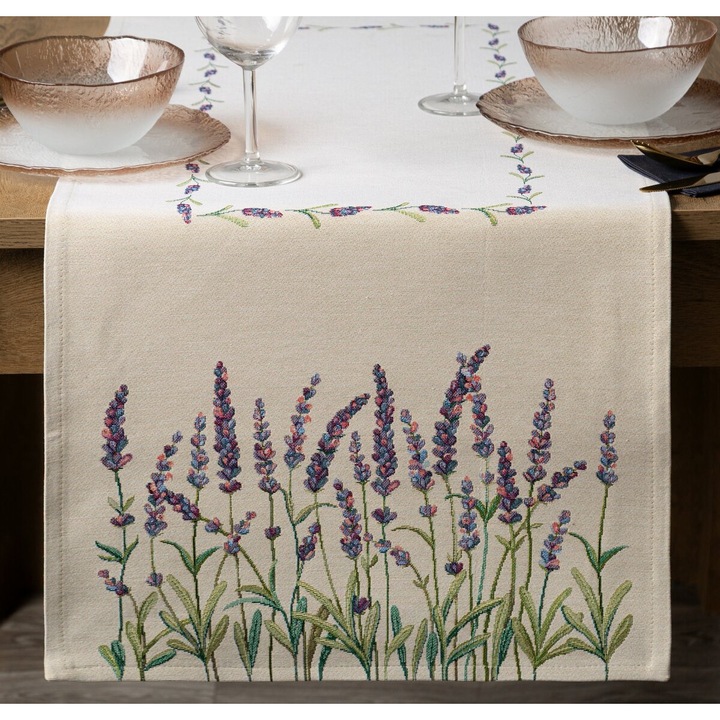 Bieznik de masa Eurofirany 45x140cm, flori lavanda, natural, verde, violet