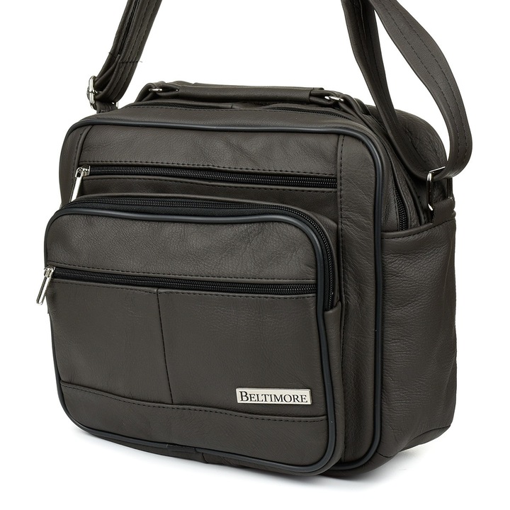 Férfi táska, barna bőr, nagy méretű, állítható pánttal, Beltimore, 29x15x25cm