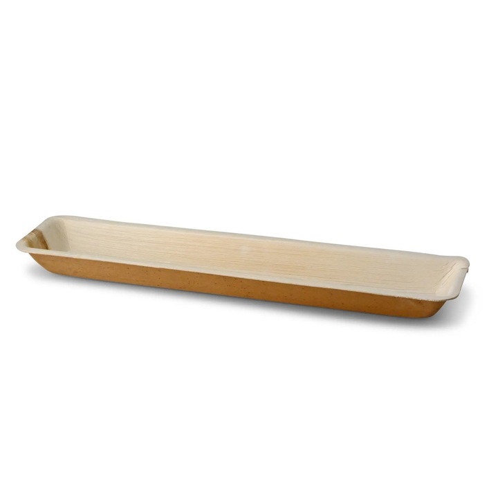 10 db téglalap alakú biológiailag lebomló tálca, pálmalevél, 38x8,5 cm
