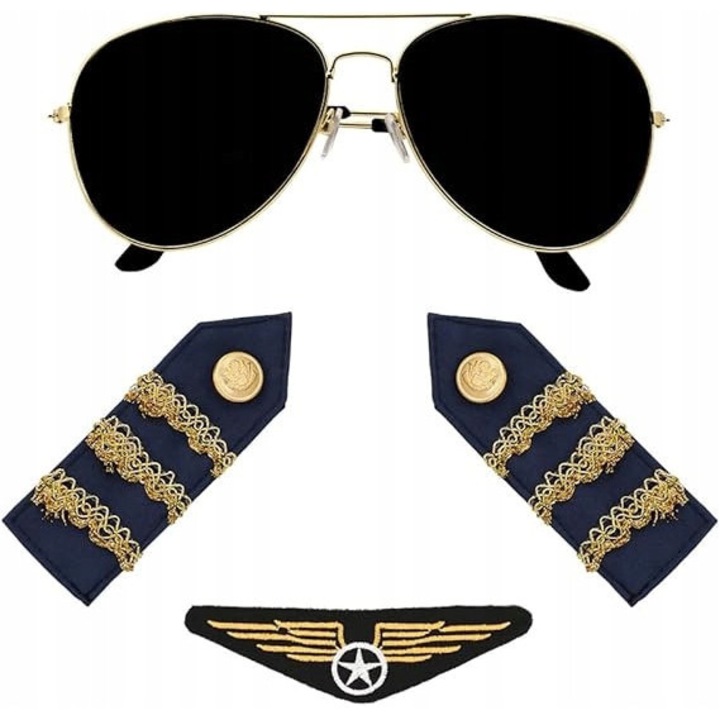 Costum pilot, set accesorii: ochelari, insigna, naramene, granat + aur, universal
