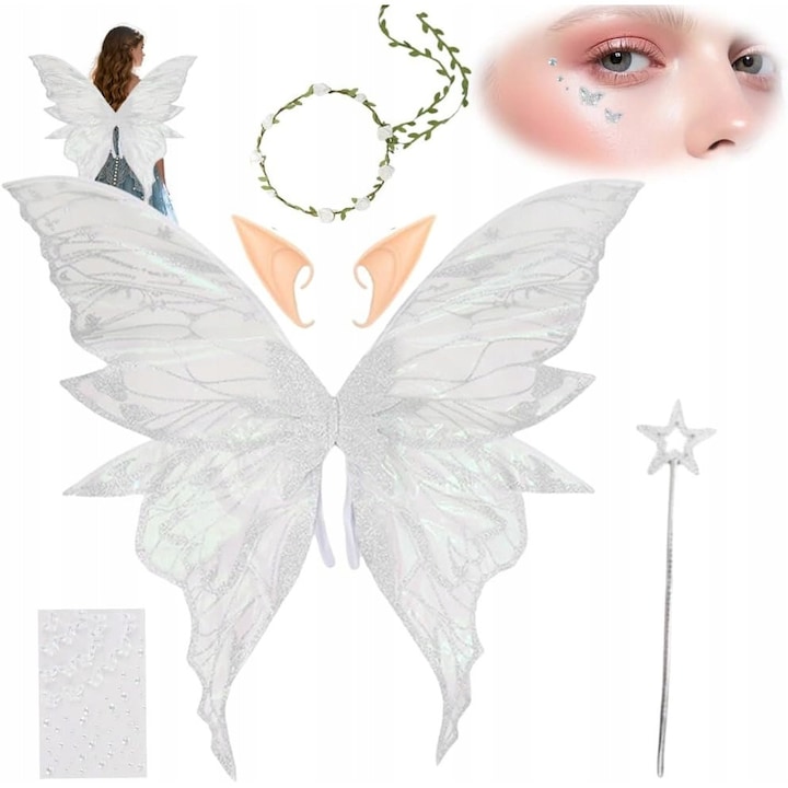 Costum de zana pentru copii, set cu aripi, tiara, bagheta si urechi, multicolor