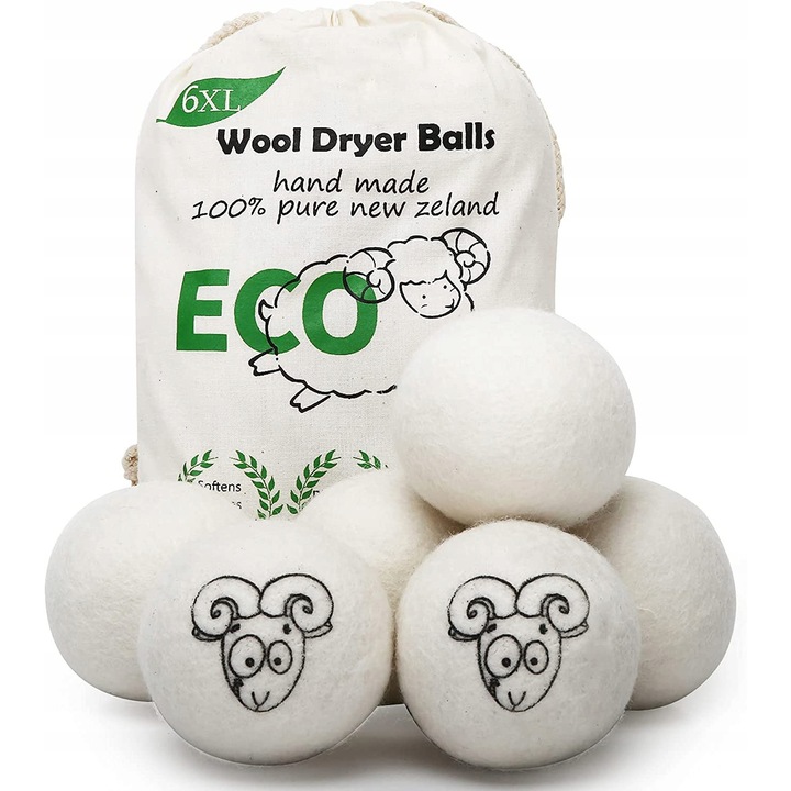 Set 6 bile din lana hipoalergenica pentru uscator, uscare rapida, calitate premium