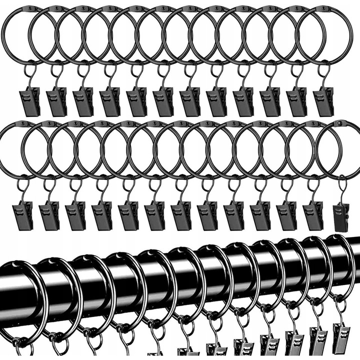 Set 60 inele metalice pentru perdele, diametru 38mm, negre