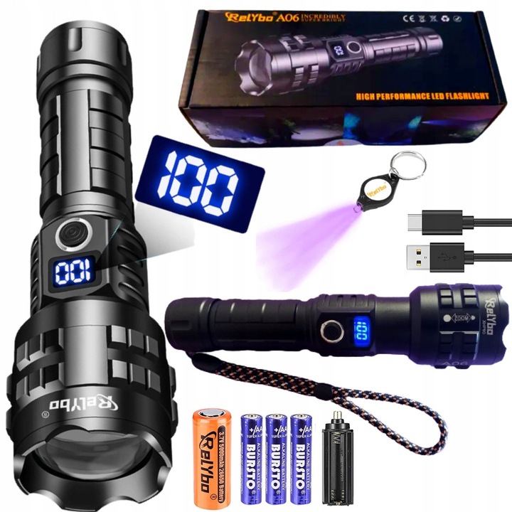 LED фенер 15000lm, 5 режима, пълен комплект, 185x50mm, черен