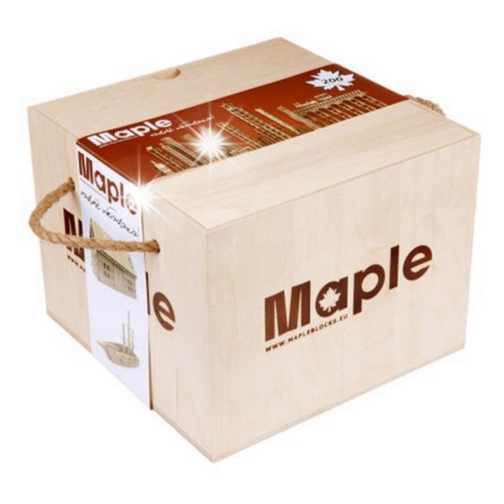 Fából készült építőkészlet, juhar, 200 darab, 120x24x8mm, díszdoboz