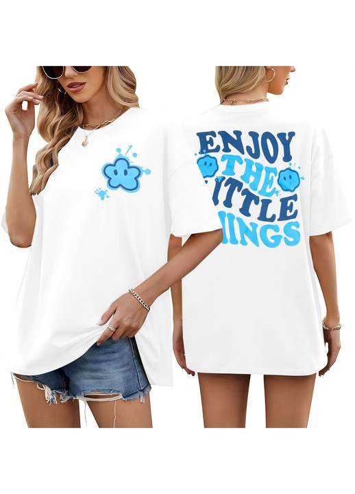 Tricou Femei Oversized, Bumbac, Imprimeu Text, Maneca Scurta, Casual, Alb, Alb