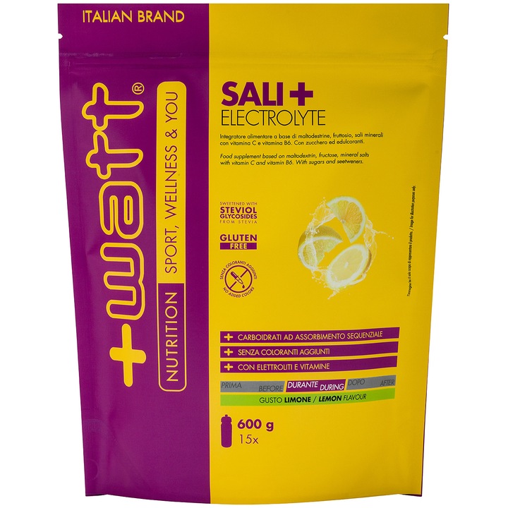 Sali+ Electrolyte +Watt, solutie hipotonica de carbohidrati si electroliti pentru suport energetic si hidratare, doypack de 600 g, aroma de lamaie
