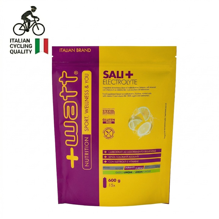 Sali+ Electrolyte +Watt, solutie hipotonica de carbohidrati si electroliti pentru suport energetic si hidratare, doypack de 600 g, aroma de lamaie