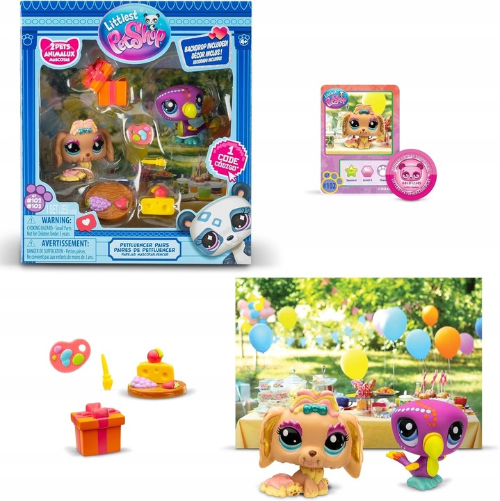 Figurine Littlest Pet Shop set 2 figurine 6cm, 4 accesorii, fundal, cod virtual joc