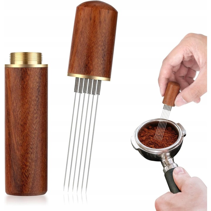 Set ustensile WDT pentru espresso, 6 pini, inox, lemn nuc, 0,4mm