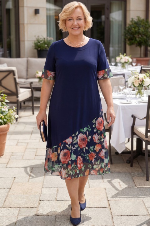 Rochie bleumarin cu imprimeu floral rosu la baza