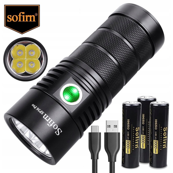Фенер Sofirn SP36 PRO, 8000lm, IPX8, черен, комплект с 3 батерии 3000mAh, USB-C кабел