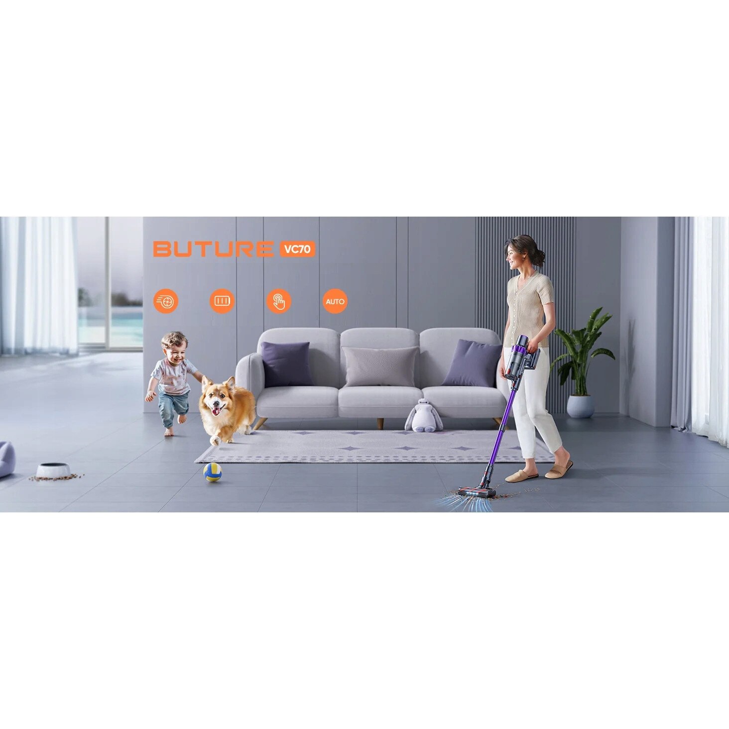 Aspirator vertical fara fir Buture VC70, 500W, 48Kpa, 1,5L, accesorii incluse