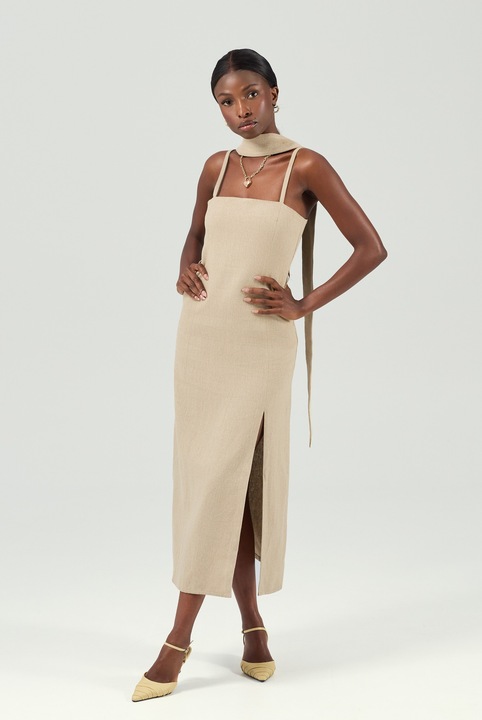 Rochie midi din in - 39875, Bej