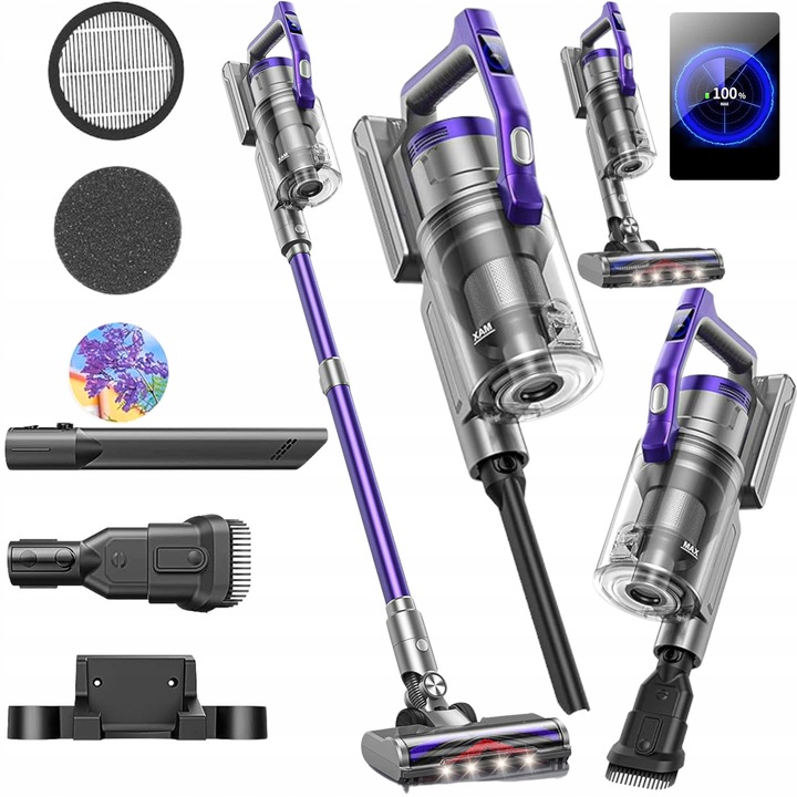 Aspirator vertical Honiture, 450W, 3 moduri de putere, filtru 7 trepte, violet